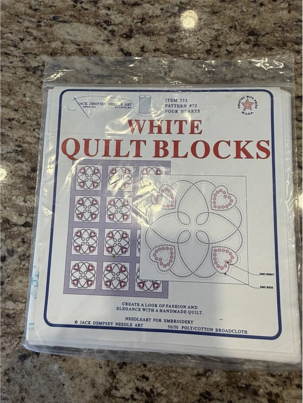 Vtg Jack Dempsey White Quilt Blocks 18” Four Hearts #72 New Rare